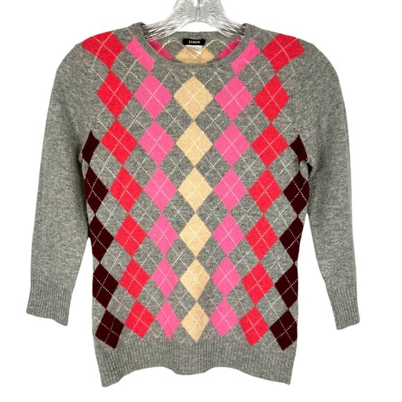 J Crew Womens Cashmere Argyle Crew Neck Sweater Gray Pink Red size XS - Picture 1 of 7